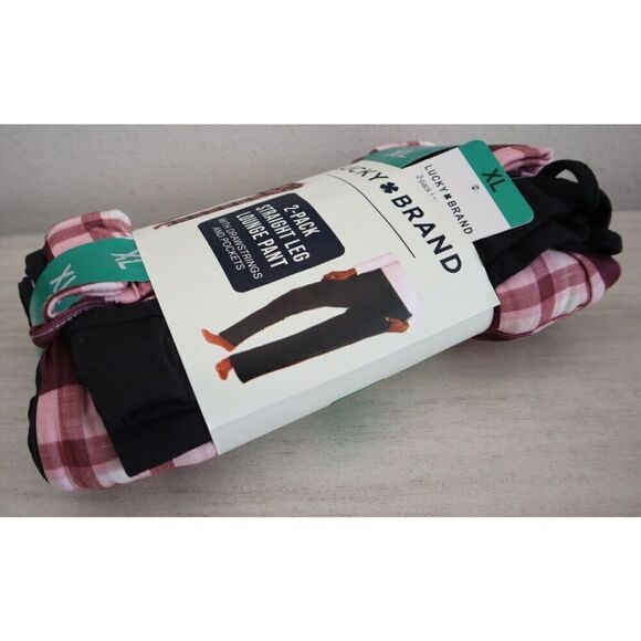 Lucky Brand Women's Sz XL Black/Pink Plaid Straight Leg Lounge Pants, 2-Pack - Picture 6 of 11